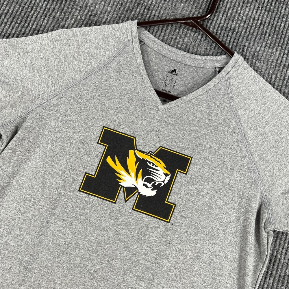 Missouri Tigers Mizzou Shirt Womens Medium Gray Short Sleeve Adidas V Neck NCAA